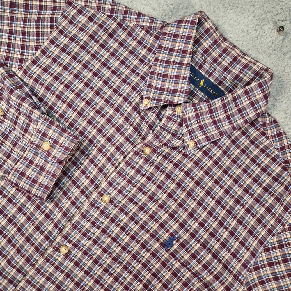Ralph Lauren Shirt Mens M Maroon Plaid Pony Button Down Collar Preppy Luxe‎
